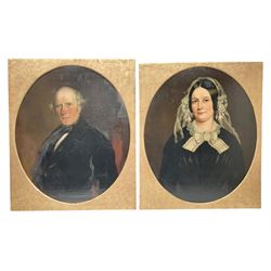 Mrs Richard Hardey (Hannah Maria Hudson) (Hull 1815-1865): George Earle (1782-1863) and Mary Foster - Half Length Portraits, pair oval oils on canvas, the latter signed and dated 1854 verso 74cm x 62cm (2) 

Notes: Hannah Maria Hudson, daughter of Wesleyan Minister Revd. Benjamin Brook Hudson and his wife Hannah, was born in Dumfries in 1815, but soon moved to Barrow upon Humber where her father was a minister. She married Mr Richard Hardey (1816-1889) on 23rd April 1840 and the couple moved to Hull. Hannah worked as a talented, if relatively unknown, portrait painter, working under the name of 'Mrs Richard Hardey'. Sadly, Hannah developed breast cancer and died in January 1865, while Richard went on to work as a successful portrait photographer. 

George Earle Jnr was the son of George Earle Snr (1748-1827), who migrated to Hull c.1777 and established himself as a stonemason, architect and speculative builder, and Mary Hargrave, daughter of stone mason and carver-gilder, Jeremiah Hargrave. George Jnr. married Mary Foster at St Mary's Church, Sculcoates on 19th February 1811, and, alongside his brother Thomas, established a business as Hull merchants who were, for a time, the town's leading importers of slate, stone, and Italian marble. In the 1851 census, he is listed as a 'Merchant, Ship Owner & Cement Manufacturer'. George Jnr's nephews Charles Foster Earle (1819-1870) and William Joel Earle (1824-1871) would go on to found C and W Earle (Earle's Shipbuilding) in 1845, having bought the Junction Foundry from James Livingston who built the first iron steam packet in 1831.