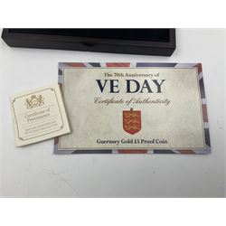 Queen Elizabeth II Bailiwick of Guernsey 2015 'The 70th Anniversary of VE Day' gold proof five pound coin, cased with certificate