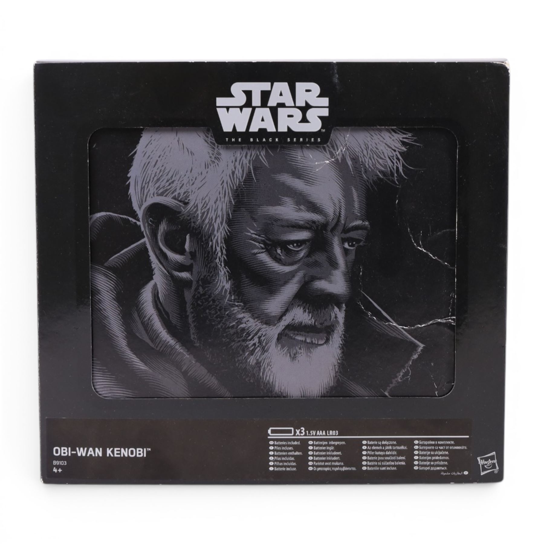 Four Star Wars Black Series figures, comprising Obi Wan Kenobi, First Order Storm Trooper, Speeder Bike Biker Scout and Imperial Shadow Squadron, all boxed