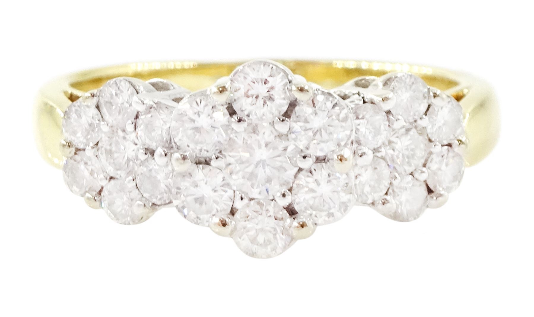 18ct gold diamond flower head cluster ring, three clusters each set with seven round brilliant cut diamonds, total diamond weight approx 0.90 carat
