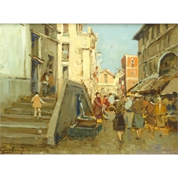  Felice Giordano (Italian 1880-1964): Busy Street Scene, oil on board signed 28cm x 38cm  DDS - Artist's resale rights may apply to this lot    