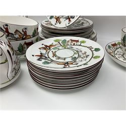 Coalport and Crown Staffordshire hunting scene part teawares, to include eleven teacups and saucers of various sizes, two cake plates, two jugs, four sugar bowls, fourteen dessert plates, etc (68)