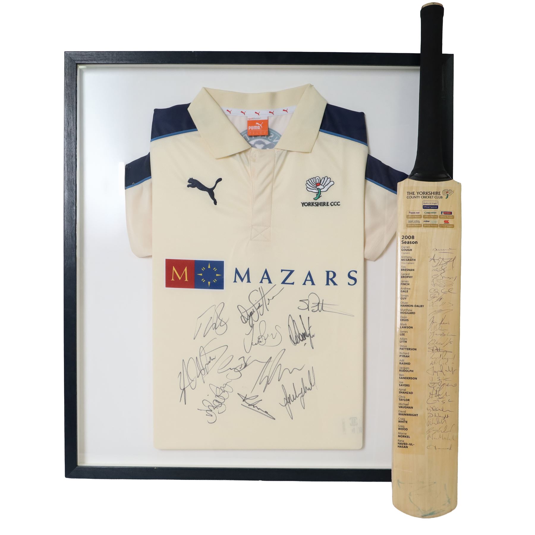 Yorkshire County Cricket Club signed bat and shirt, the cricket bat signed by members of the 2008 squad, including Darren Gough, Anthony McGrath, Tim Bresnan, Matthew Hoggard and Michael Vaughn, the shirt in black frame, with eleven signatures in black ink, including Jonny Bairstow, frame H73cm 