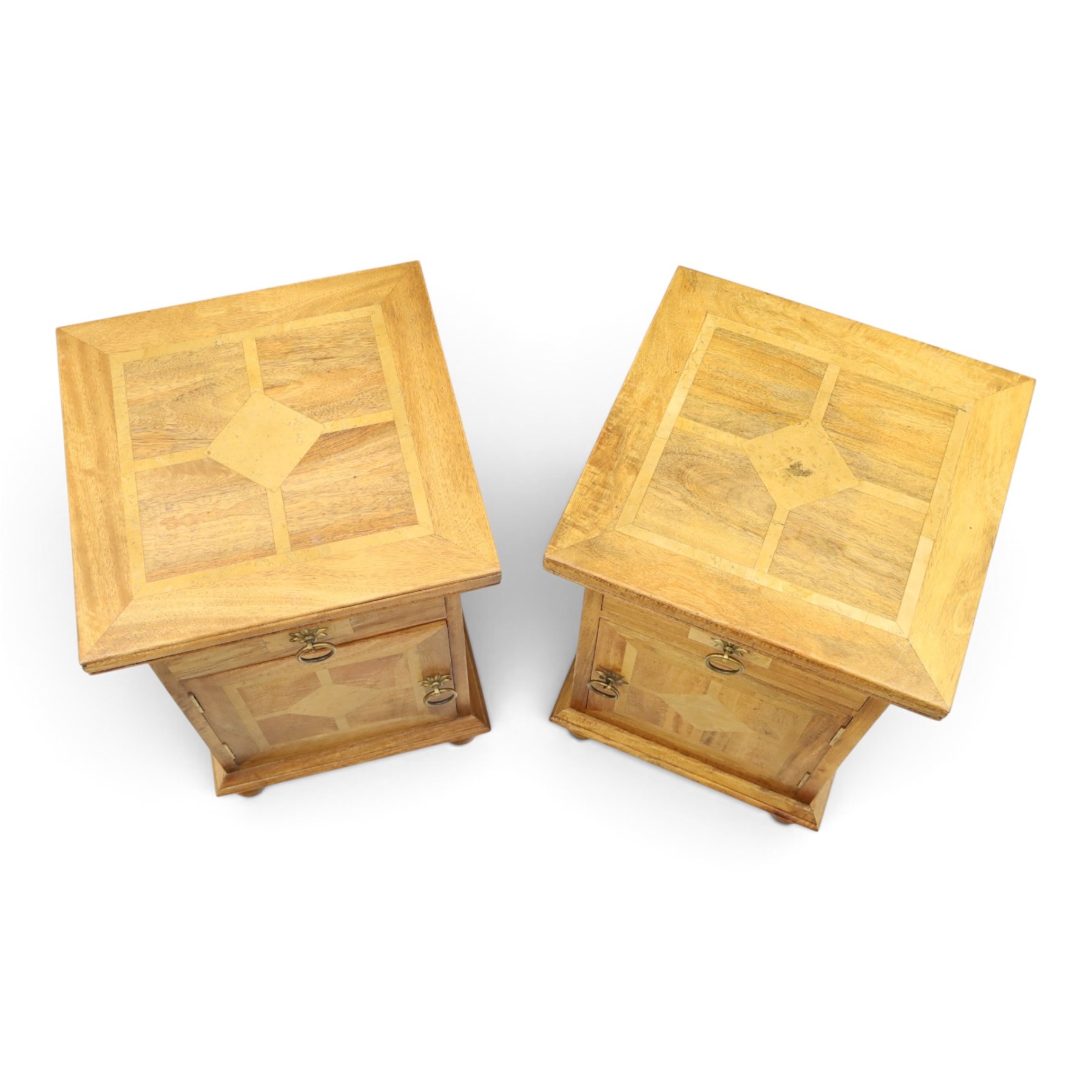 Barker & Stonehouse - pair of contemporary flagstone and mango wood bedside cabinets, inlaid square top over single drawer and cupboard, on bun feet
