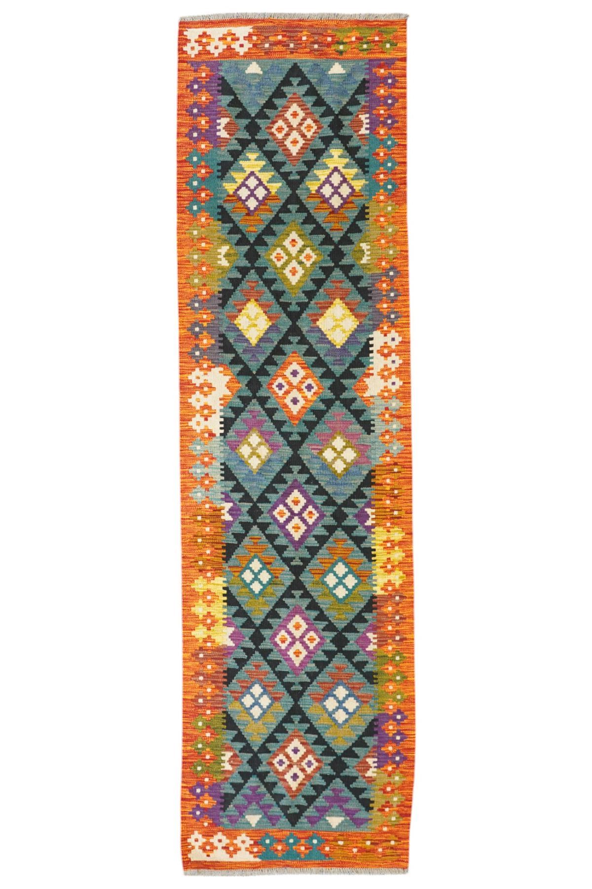 Maimana Kilim runner, overall green ground, geometric pattern 