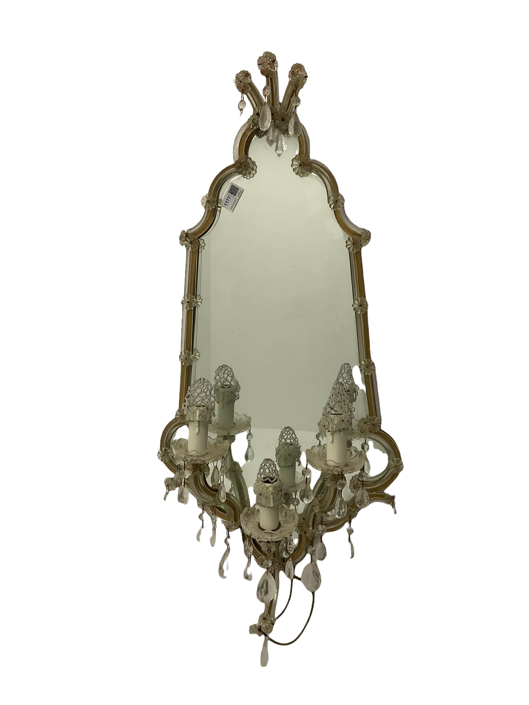 Mid to late 20th century Venetian style glass girandole or mirror, shaped frame and decorated with glass droplets, triple branch electroliers 