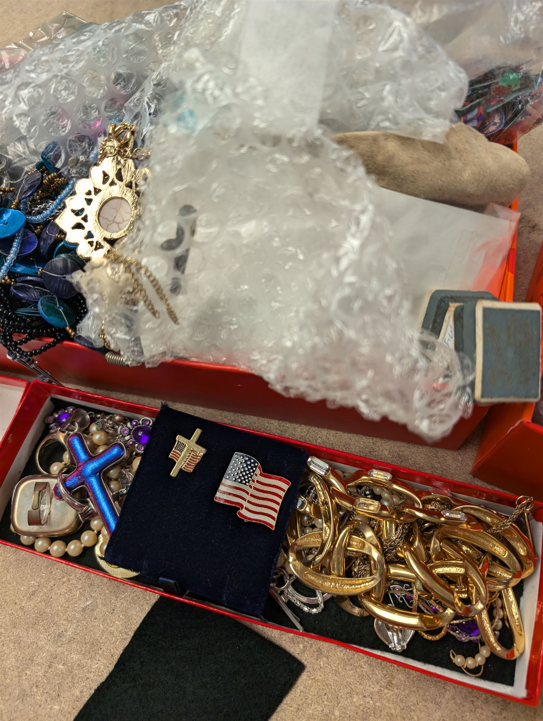 Collection of costume jewellery, including Monet earrings, beaded necklaces, rings etc