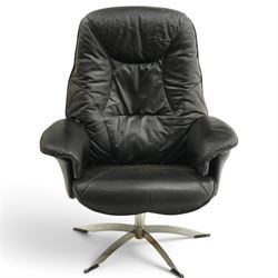 Hjort Knudsen - Danish swivel armchair or desk chair, high back over swept arms, upholstered in black leather, raised on a five-spoke chrome base with swivel action