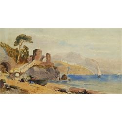 Attrib. Gabriele Carelli (Italian c.1820-1900): Mediterranean Coastal Landscape, watercolour indistinctly signed 20cm x 36cm