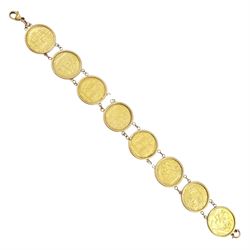 Queen Victoria gold half sovereign bracelet, four shield back half sovereign's dated 1887, two dated 1892 and one other 1890 and four other half gold sovereigns dated 1898 and 1897, all loose mounted in later 9ct gold bracelet