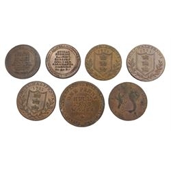 Seven 18th and 19th century Hull tokens including 1791 Hull halfpenny, Hull lead works 1812 one penny, 1812 Hull halfpenny etc