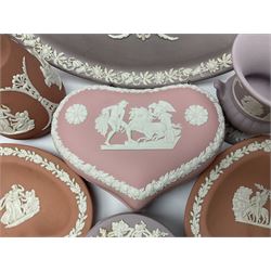 Collection of Wedgwood Jasperware, in orange, lilac and pink colourways, including oval tray, small jug, trinket boxes, trinket dishes, etc , all with impressed mark beneath
