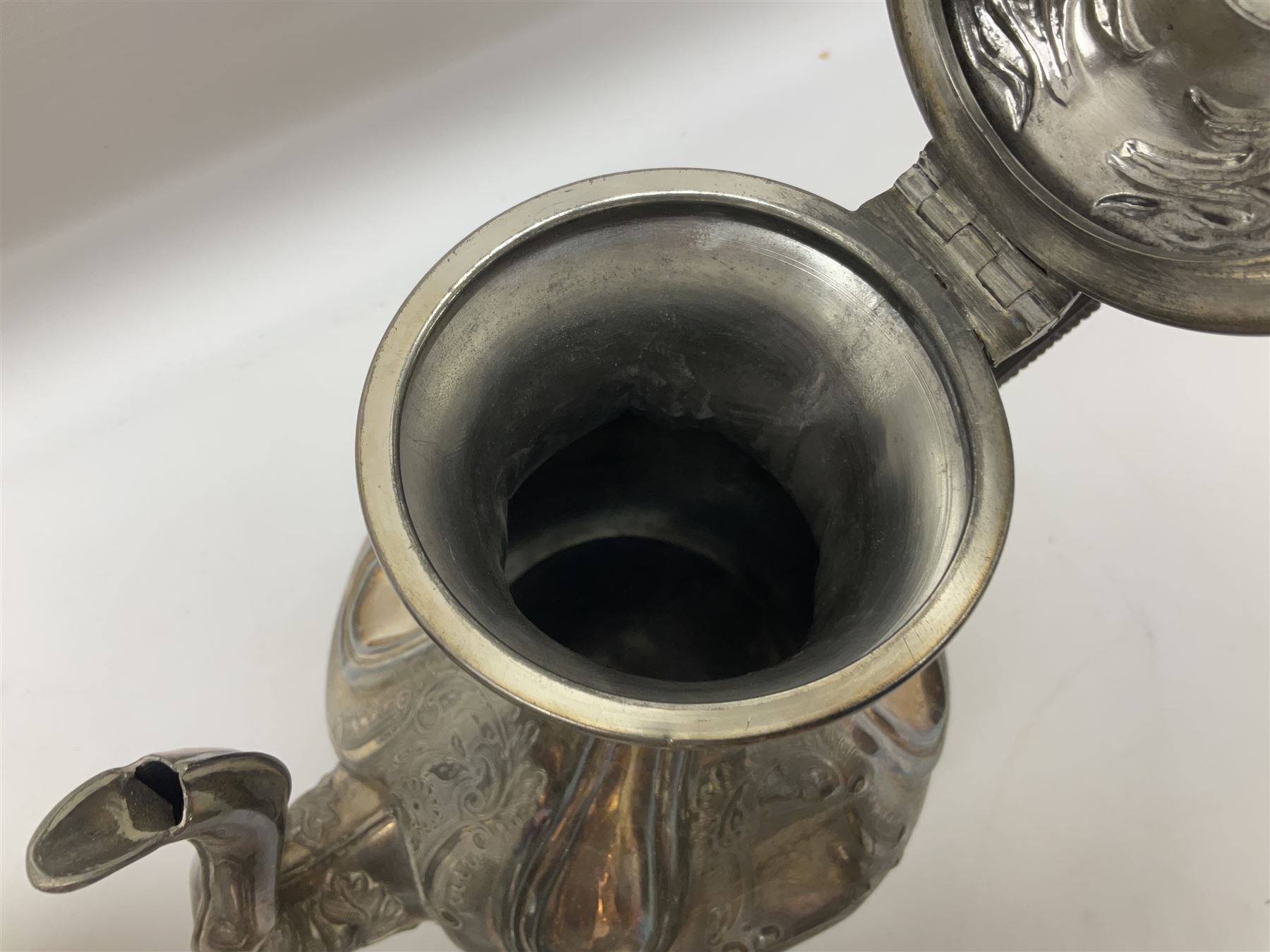 Twin handled silver plated bowl retailed by Harrods, together with two 19th century coffee pots, pewter milk jug and other metalware   