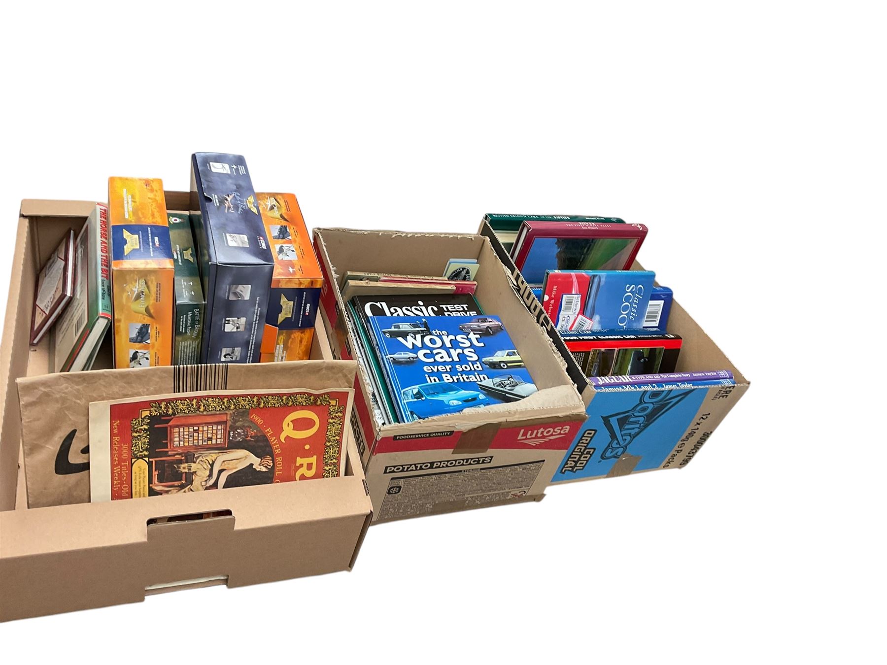 Corgi 'Aviation Archive' toys and classic car and other reference books in three boxes 