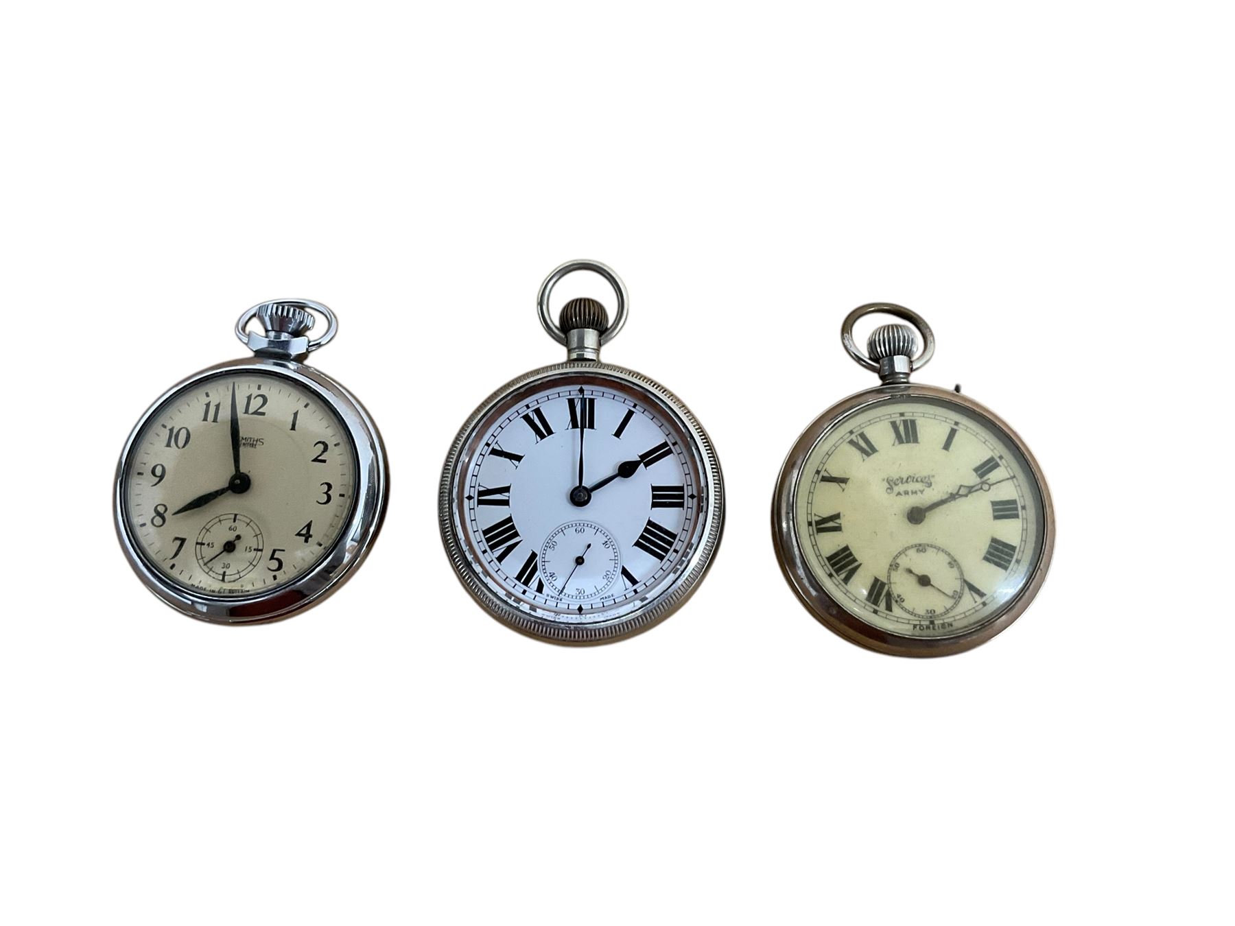 Three 20th century gents Nickel plated open faced pocket watches. Stem wound and set.