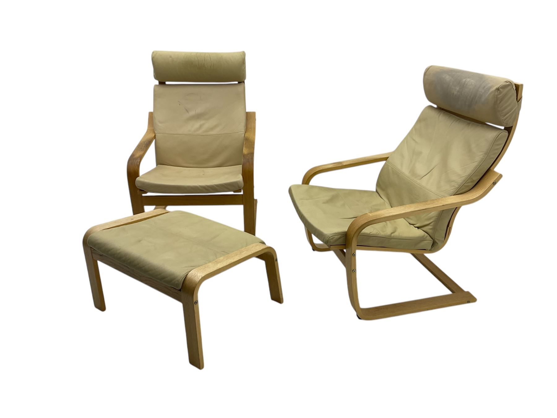 Ikea - pair of 'Poang' cantilever armchairs, upholstered in tan leather; complete with matching footstool (3)