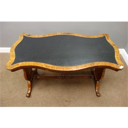  Victorian figured pollard oak library table, serpentine top with inset leather, shaped end supports with acanthus carved mounts, connected by turned stretcher, 123cm x 64cm, H71cm  