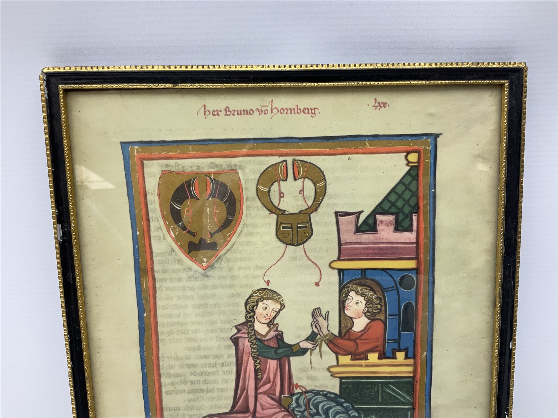 German School (14th century): 'Bruno von Hornberg' and 'Kol von Nüssen', pair prints of illuminated portraits from the 'Codex Manesse' together with print of 17th century Church writing