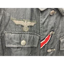 WW2 German Army grey/green herringbone twill four pocket tunic with shoulder tabs for signals regiment, cloth eagle insignia and iron cross ribbon