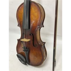 Full size violin and bow, in a fitted and lined snakeskin effect case, full length 60cm, back length 36cm
