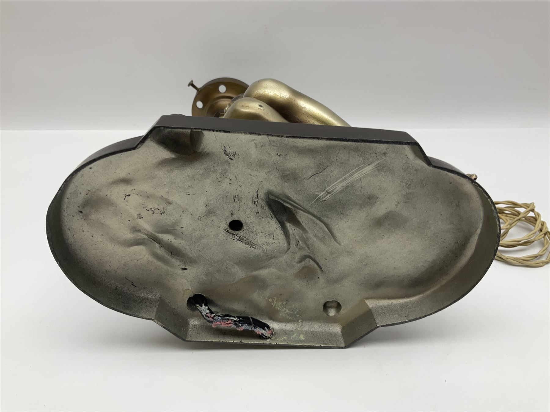 Art Deco style bronzed and gilded spelter figural table lamp with green Uranium glass shade; H48cm, another table lamp; and a bisque group