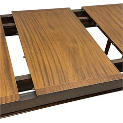 Regency design mahogany extending dining table, rectangular top with extending canted corners, pull-out action with additional leaf (84cm x 136cm - 182cm, H76cm); set of eight Regency design mahogany dining chairs with rope twist rails