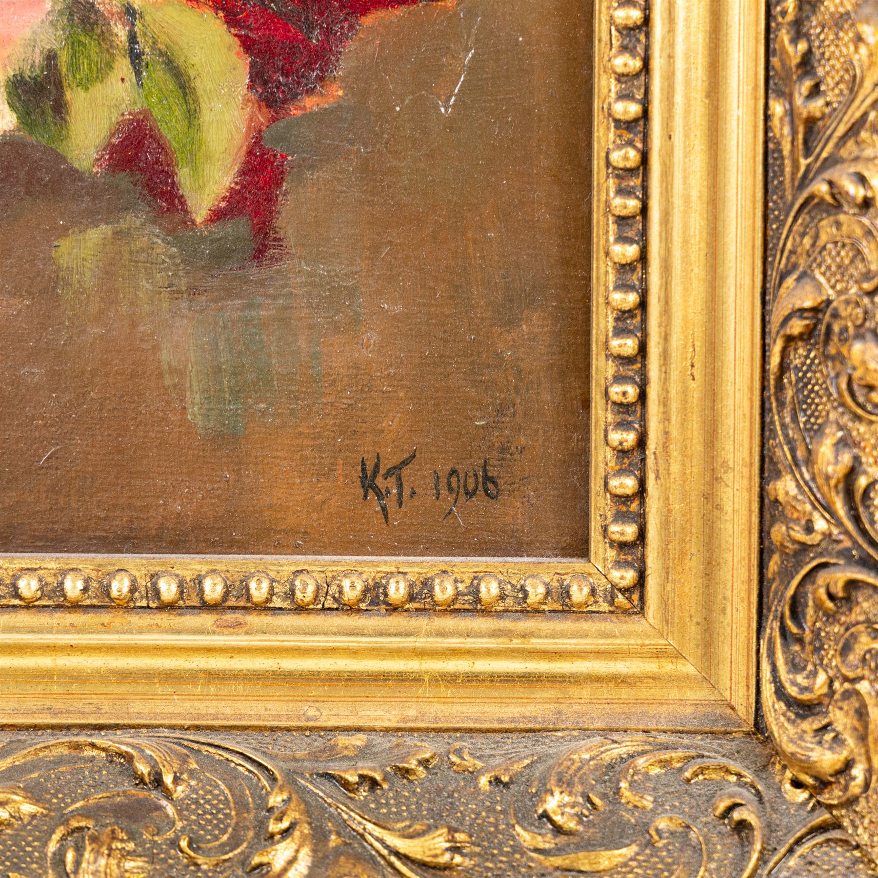 Mary Goudie Simpson (British 1869-1934): 'Vegetable Stall - Bruges', gouache signed, titled verso; Jean Fletcher (British 20th Century): 'St Anne's Square', mixed media signed and dated '95; together with two still lifes, oils on board signed K T and L I Warburton one dated 1906 max 45cm x 45cm (4)