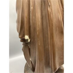 Two religious painted plaster figures of Mary and Joseph kneeling on oval plinths, with impressed mark 'Raffl et Cie Paris', H60cm 