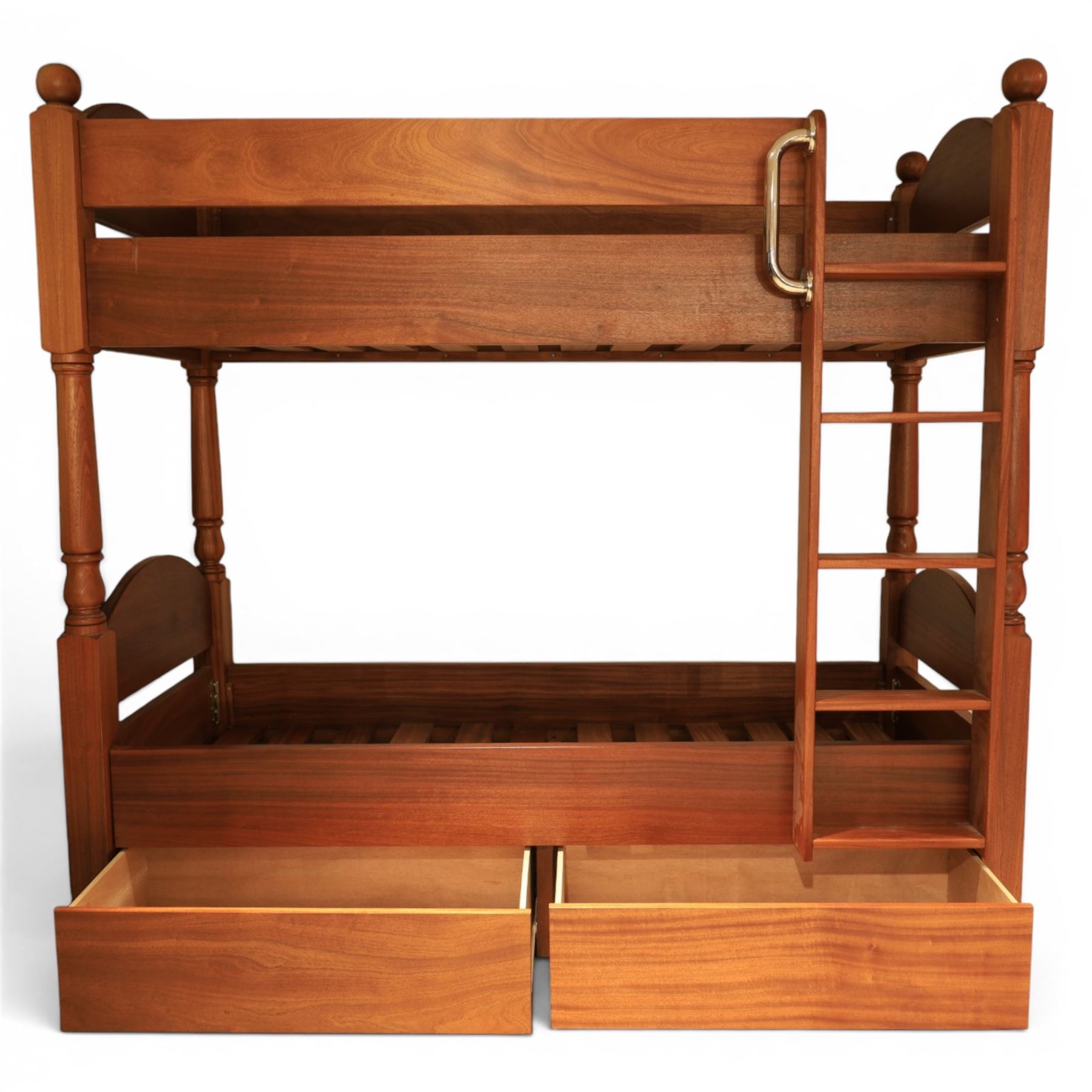 Modern cherrywood single bunk beds, with ball finials, curved headboard and footboard, ladder and chrome hand rail, raised on turned supports, with two base drawers