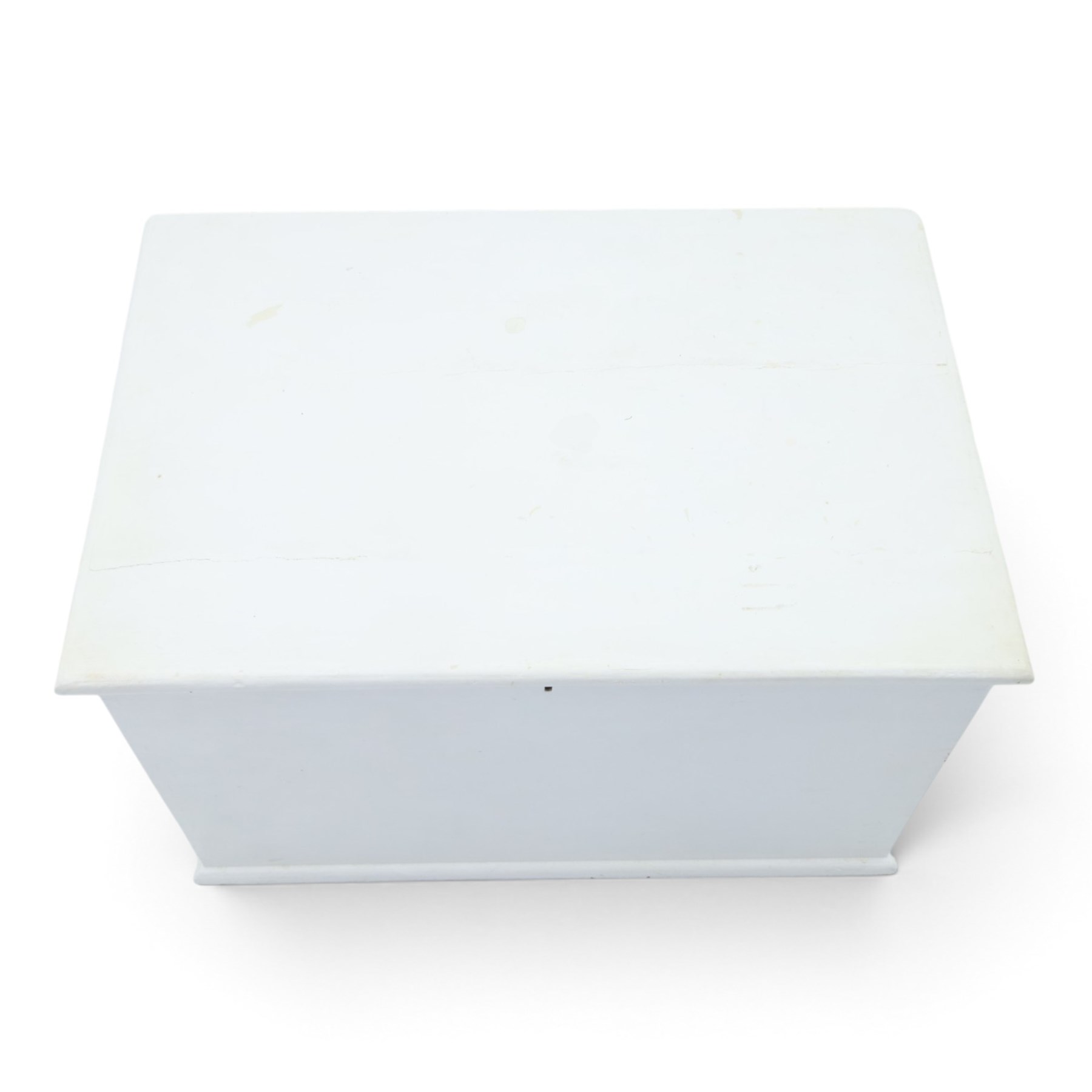 Victorian white painted pine blanket chest, with iron strap hinges, with fitted candle box, metal carrying handles