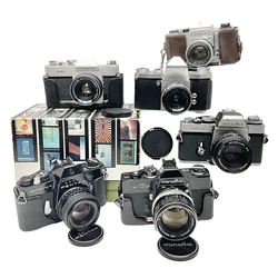 Collection of camera bodies and lenses, to include, Minolta SRT101 camera body, serial no 2079645, with 'Minolta MC Rokkor-PF 1:1.4 f=58mm' lens, serial no 5888209, Mamiya / Sekor 500dl, serial no. 337167, with mamiya/ sekor 1:2 f=50mm' lens, serial no. 172342, Asahi Pentax Spotmatic F camera body, serial no. 4923429, etc  