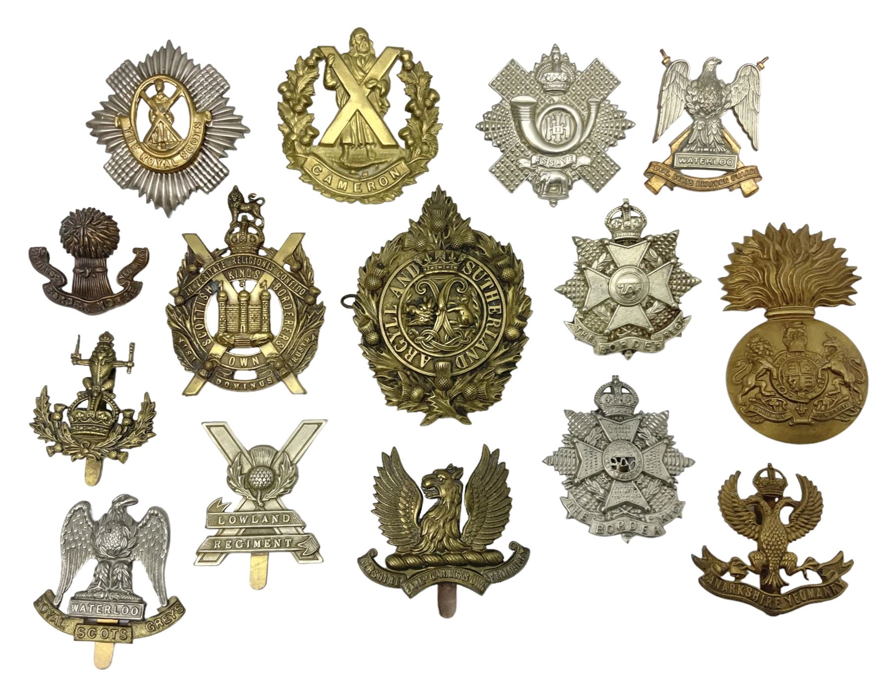 Fifteen Scottish Glengarry and other metal military badges including Argyll & Sutherland, Royal Glasgow Yeomanry, Cameronians, Lanarkshire Yeomanry, Kings Scottish Own Borderers, Highland Light Infantry, Border Regiment, Lowland Regiment, Lothians & Border Horse Yeomanry, Ayrshire Earl of Carricks Own Yeomanry etc
