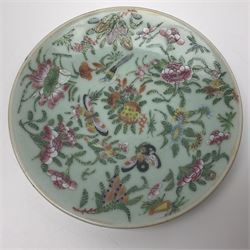 Five Chinese Celadon plates decorated in the Famille Rose with birds and insects amongst flowers and foliage, largest plate D19cm