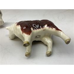 Beswick Hereford family group, comprising bull 'Ch of Champion' no. 1363, cow 'Ch of Champion' no. 1360, and calf no.1827c