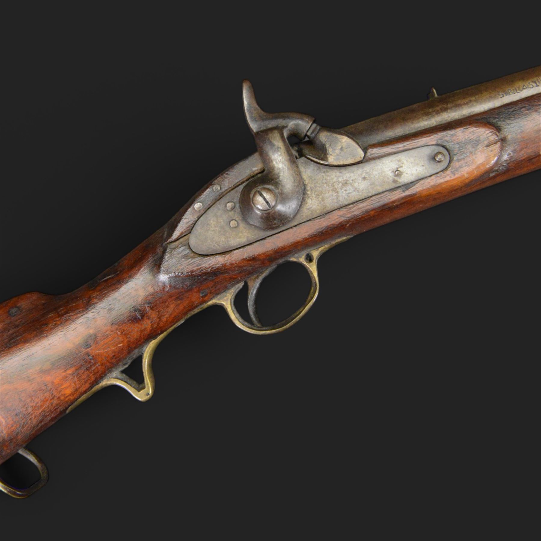 Percussion musket, the 70cm barrel with ramrod under, full walnut stock, with two sling swivels, overall L110cm
Sold as an exempt item under Section 58 (2) of the 1968 Firearms Act, to be held as a curiosity or ornament