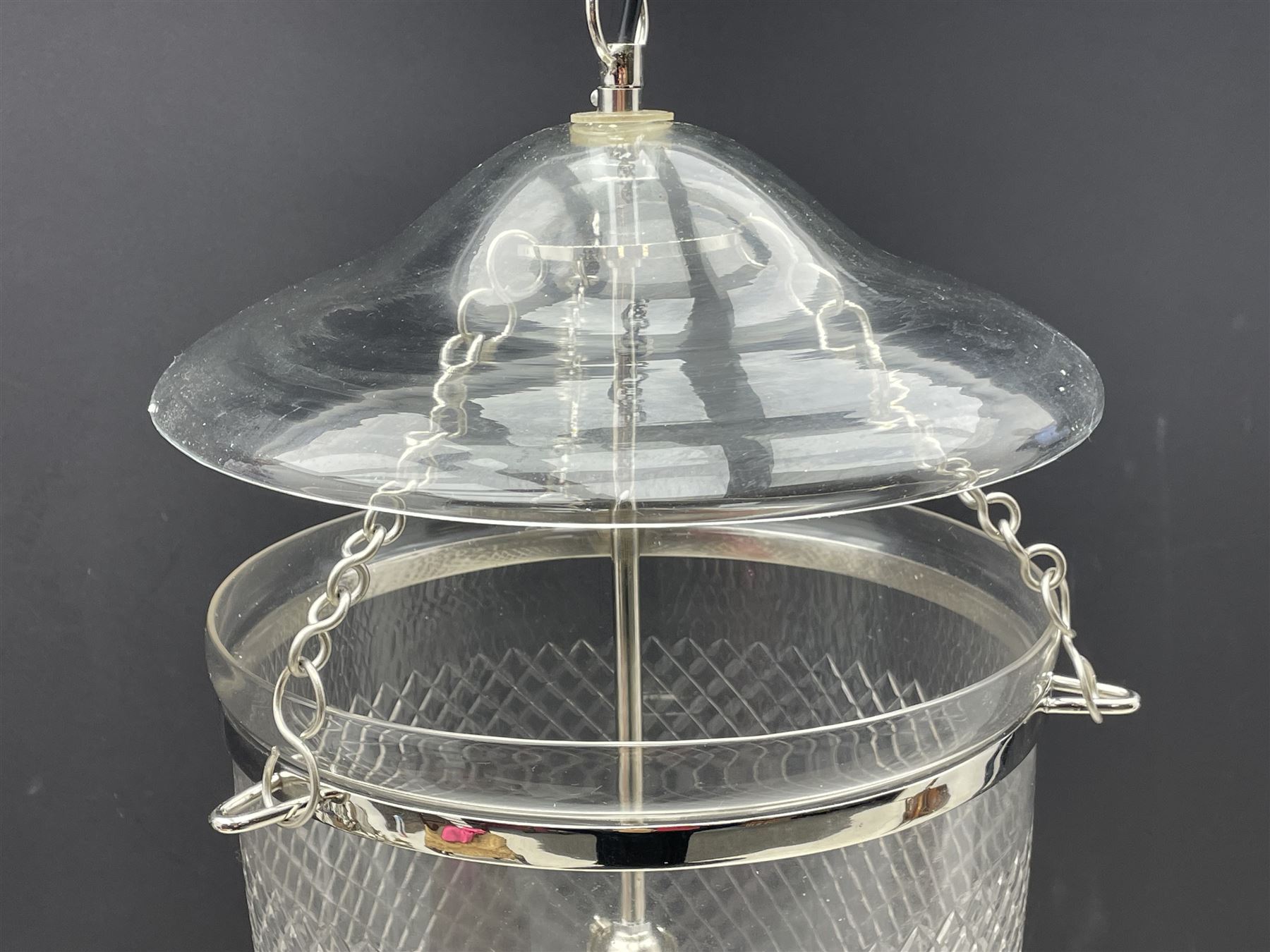 India Jane Interiors - pair of glass hallway lanterns, hobnail glass bell shaped jar, wide shaped glass dish, silvered metal chains and band with single branch 