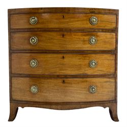 George III inlaid mahogany bow-front chest, fitted with four graduating drawers, octagonal plate and loop handles, shaped apron and splayed bracket feet