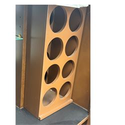 Chinese brown lacquered cocktail cabinet, decorated with gilt scenes of a traditional landscape with figures, pagodas, and mountainous scenery, double doors opening to reveal fitted interior with mirrored back, wine rack, shelves and cupboard, raised on square supports