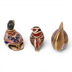 Three Royal Crown Derby paperweights, comprising Mallard silver stopper, Cockerel silver stopper and Chaffinch gold stopper, H6cm