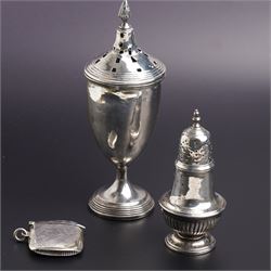 Silver urn shape sugar caster on pedestal foot Birmingham 1923, engraved silver vesta case...