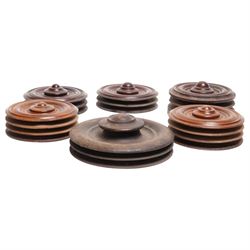Collection of six Victorian and later mahogany double and triple whip reel holders, largest D15.5cm