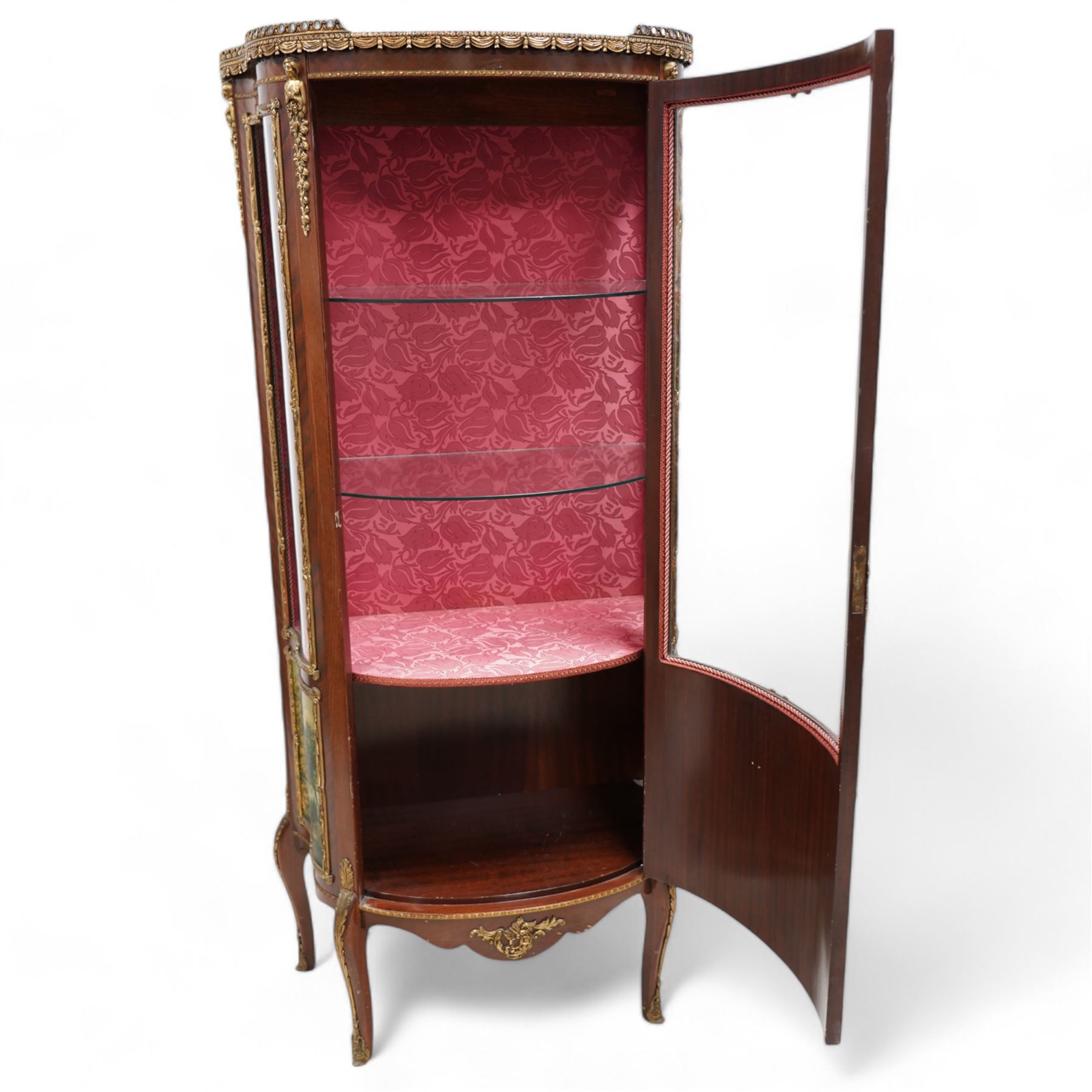 Mid-20th century rosewood vitrine display cabinet, shaped form with cast gilt metal gallery and mounts, enclosed by glazed door with Vernis Martin design panel, fabric lined interior with two glass shelves, on cabriole supports with cast acanthus leaf mounts 