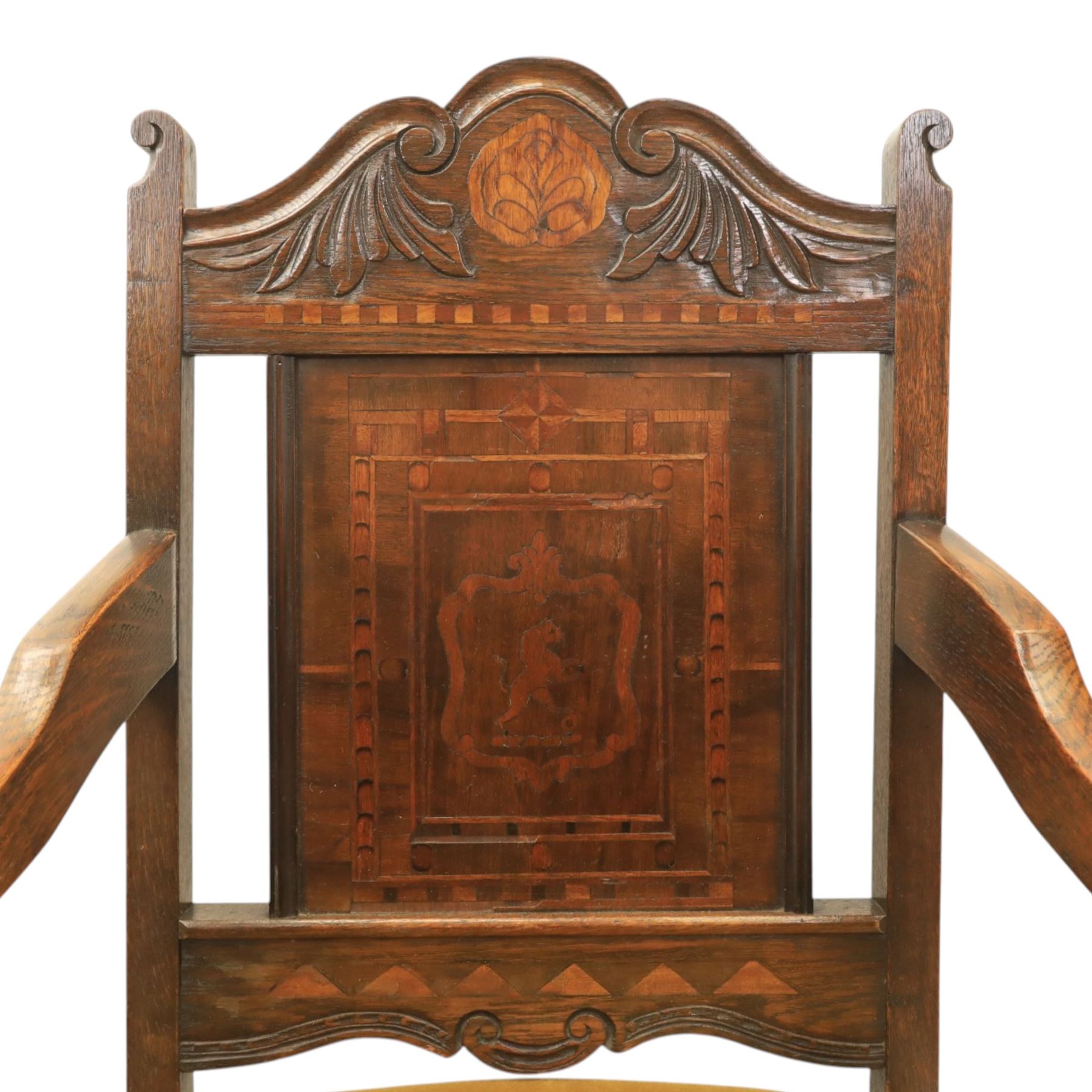 18th century inlaid mahogany armchair, carved back with marquetry panel, overstuffed upholstered seat finished in gold dralon fabric, raised on turned supports united by a stretcher