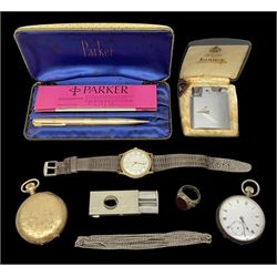Gold plated Admiral full hunter pocket watch, together with a silver open face pocket watch, carnelian signet ring, Timex wristwatch, rolled gold Parker propelling pencil, Ronson Varaflame lighter and a plated cigar cutter