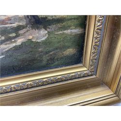 English School (19th century): Figures in Farm Landscape, oil on panel indistinctly signed dated '75, in gilt frame 16cm x 26cm