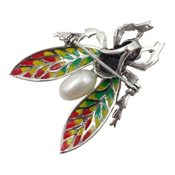Silver plique-a- jour, pearl, opal and marcasite bug brooch, stamped 925 