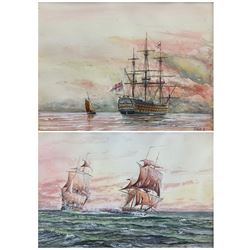 Newsome (British 20th century): British Man-of-War and Naval Battle, pair watercolours signed and dated '87, 30cm x 40cm (2)