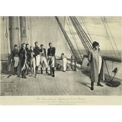 After Sir William Quiller Orchardson (Scottish 1832-1910): 'The Surrender Of Napoleon To Great Britain', monochrome print pub. 1910, 40cm x 61cm; after Elizabeth Southerden Butler (née Thompson) (British 1846-1933): 'Balaclava - The Return 25 October 1854. The Charge of the Six Hundred', monochrome print pub. 19011, 33cm x 63cm; after Andrew Carrick Gow (British 1848-1920): 'Farewell to Nelson', monochrome print 62cm x 38cm