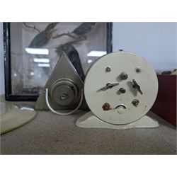 Three Smiths children's alarm clocks, including Noddy, two school adding clocks, Smiths ceramic plate wall clock, Francis Early Bird clock and an Art Deco triangular clock