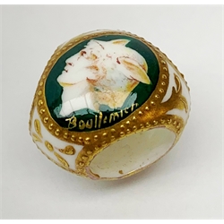  Victorian porcelain scarf-ring painted by Antonin Boullemier for Minton, painted with a bust profile of Mercury, within a jewelled gilt border, signed Boullemier, c.1875, L2cm   